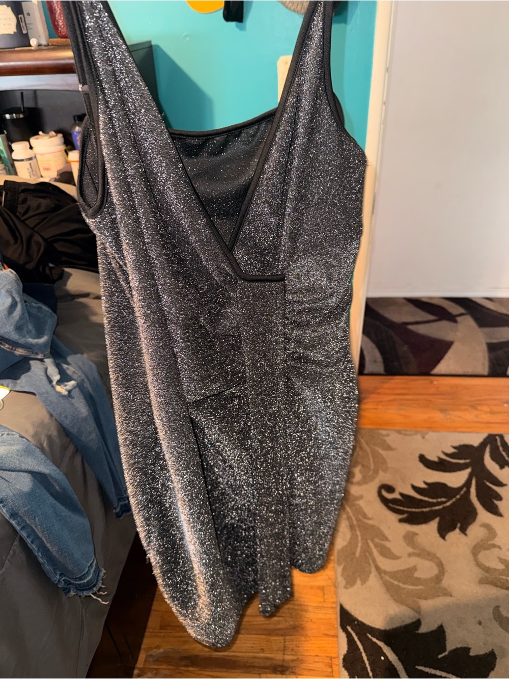 SHEIN Glittery V-Neck Sleeveless Mini Dress - Silver